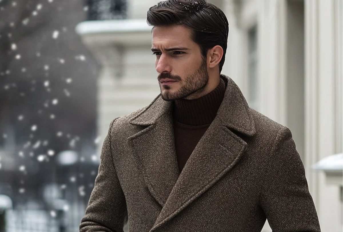 Man wearing a brown coat in a snowy urban setting