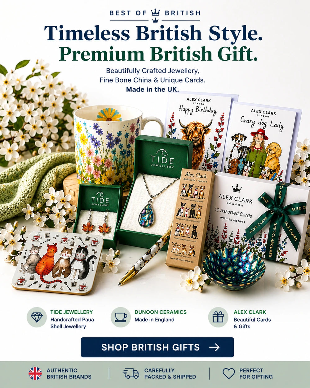 Authentic British gifts - jewellery, fine bone china mugs, cards, and accessories. Made in the UK, timeless style, perfect for thoughtful gifting.