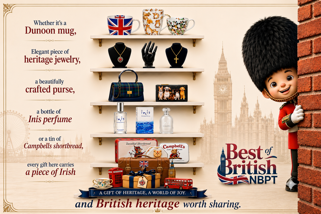 Promotional poster for 'Best of British NBPT' featuring shelves of assorted gifts and souvenirs, including mugs, jewelry, a handbag, perfume bottles, and Campbell's shortbread, alongside a cartoon bear in a British uniform peeking from behind a brick wall.