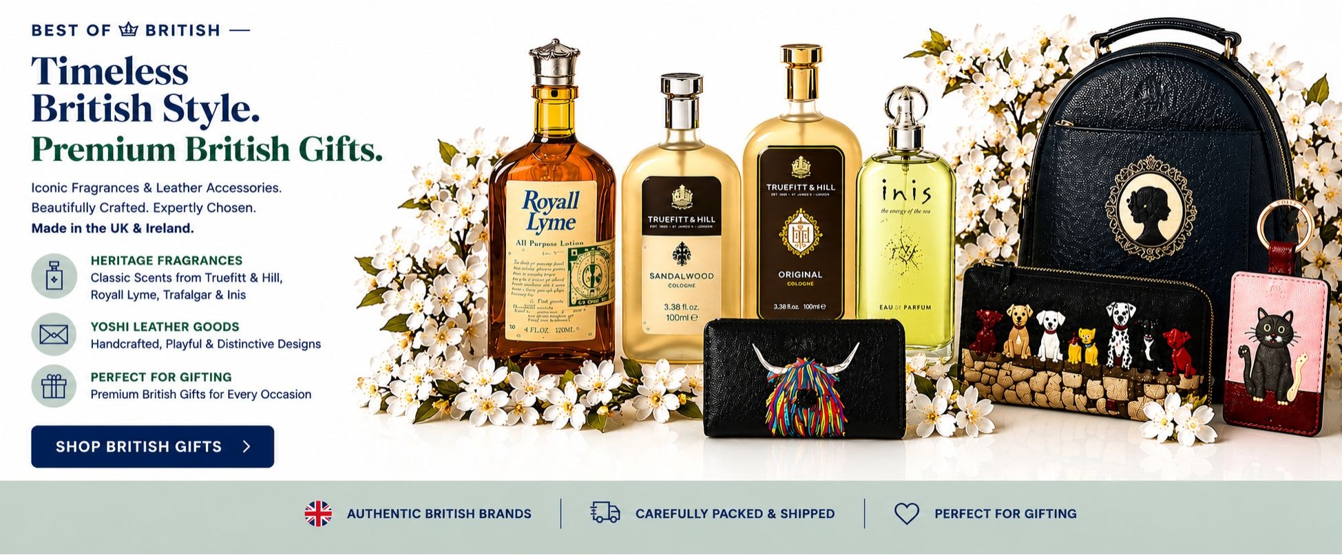British fragrances and leather gifts - Truefitt & Hill colognes, Royall Lyme, Inis perfume, Yoshi handbags, wallets, and accessories. Authentic UK style.