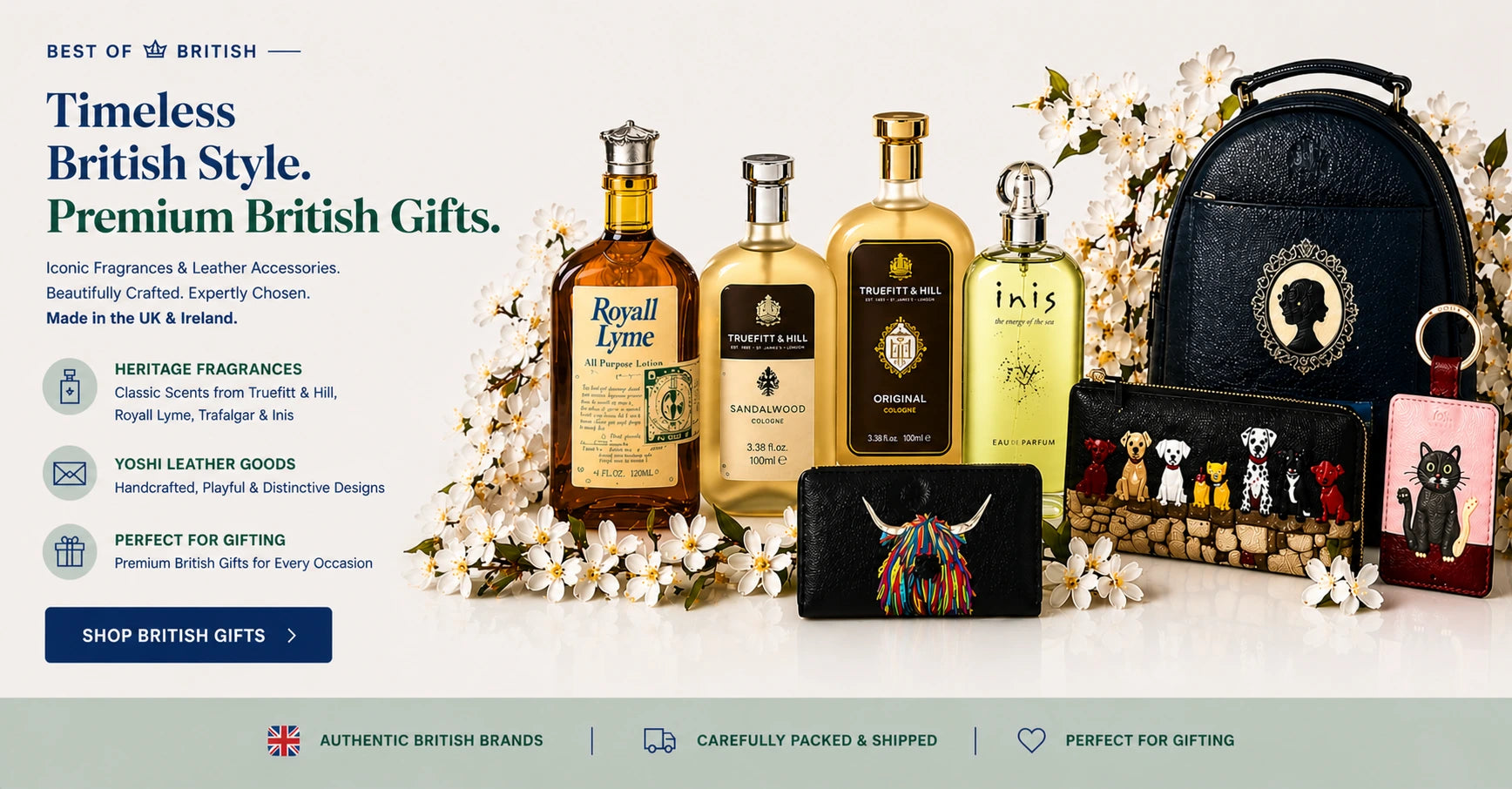 British fragrances and leather gifts - Truefitt & Hill colognes, Royall Lyme, Inis perfume, Yoshi handbags, wallets, and accessories. Authentic UK style.