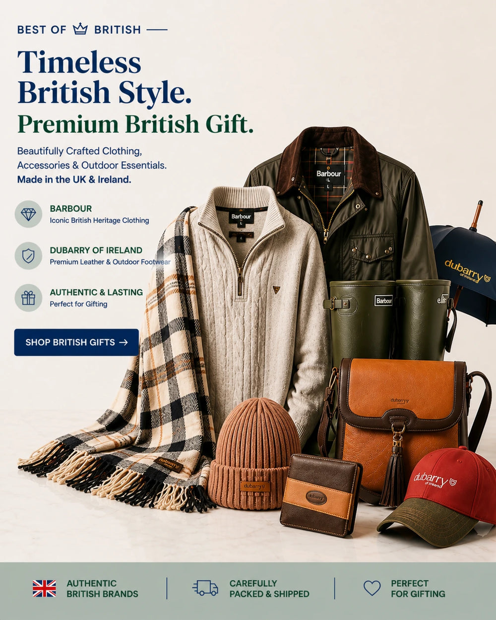 British heritage clothing and accessories - Barbour jackets, Dubarry boots, leather bags, scarves, and knitwear. Authentic UK & Ireland gifts.