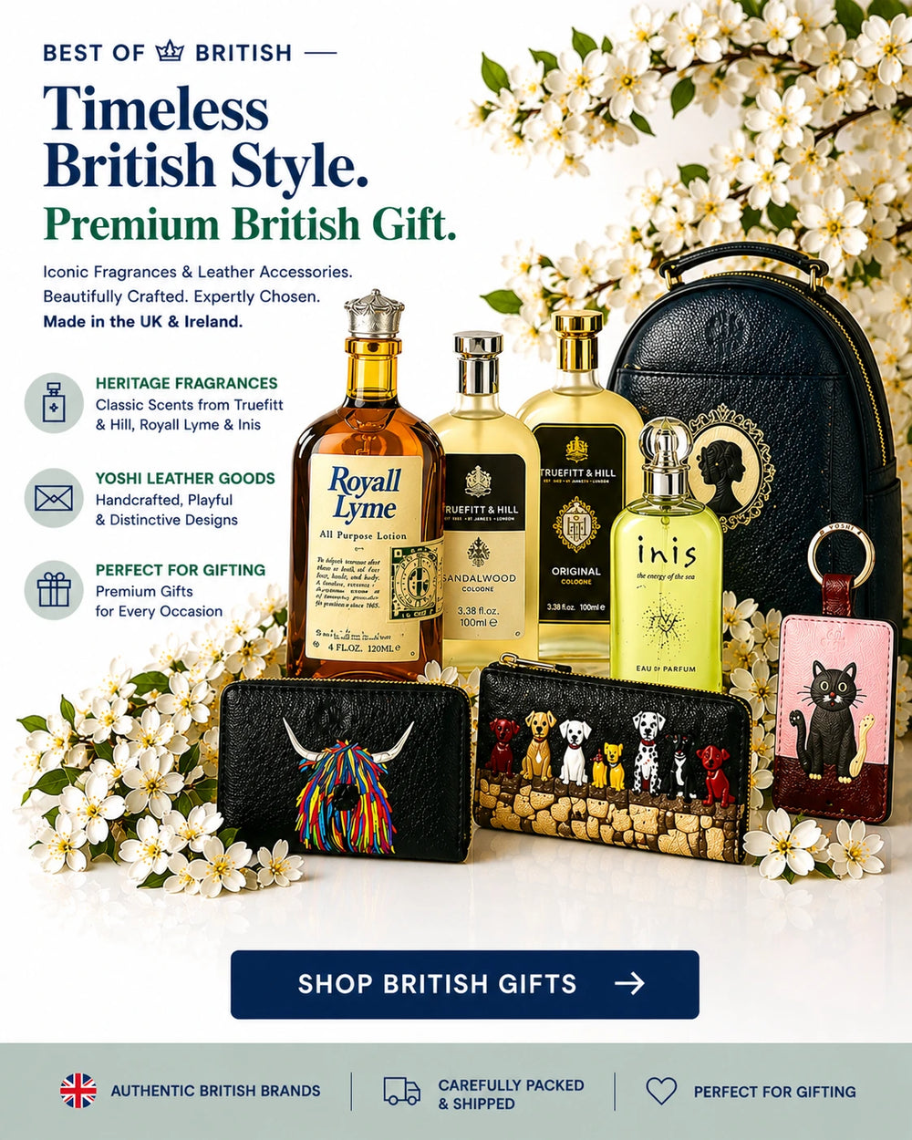 British fragrances and leather gifts - Truefitt & Hill colognes, Royall Lyme, Inis perfume, Yoshi handbags, wallets, and accessories. Authentic UK style.