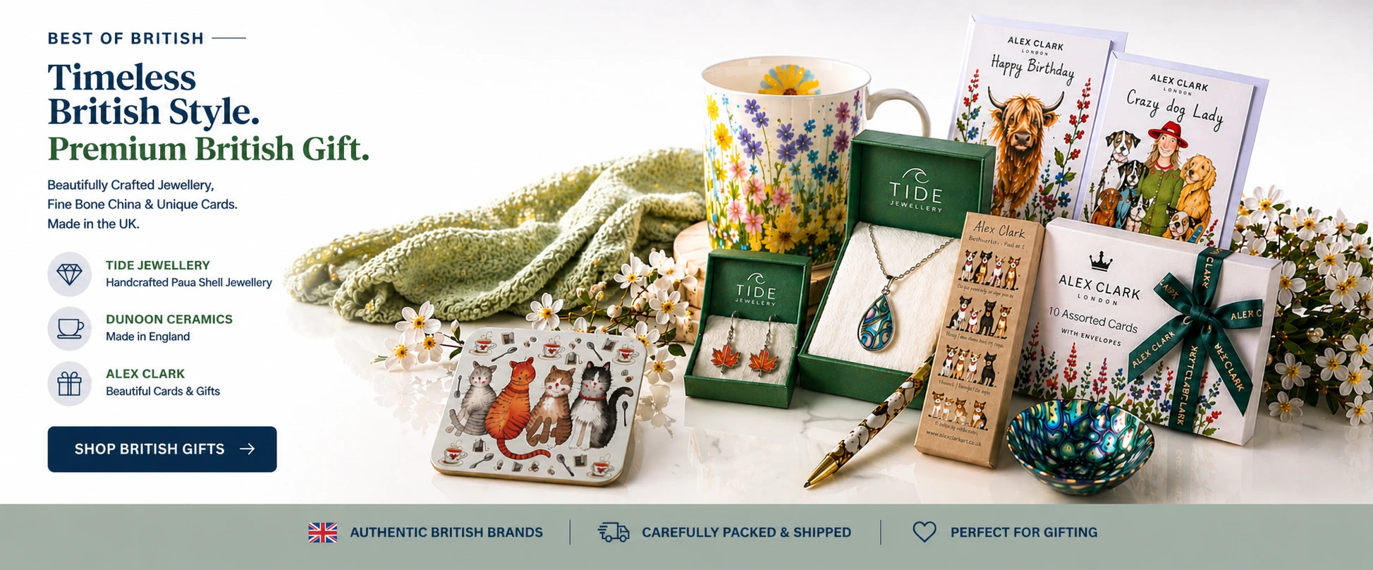 Authentic British gifts - jewellery, fine bone china mugs, cards, and accessories. Made in the UK, timeless style, perfect for thoughtful gifting.