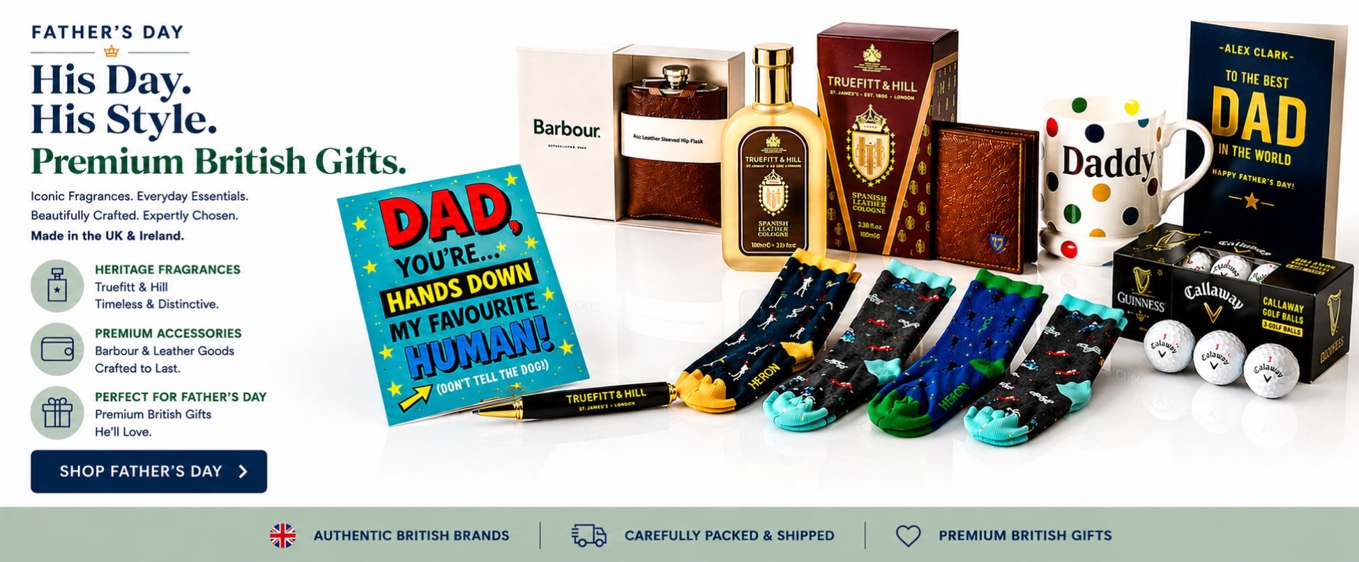 Collection of Father's Day gifts including books, socks, mugs, perfumes, wallets, hip flasks and more.