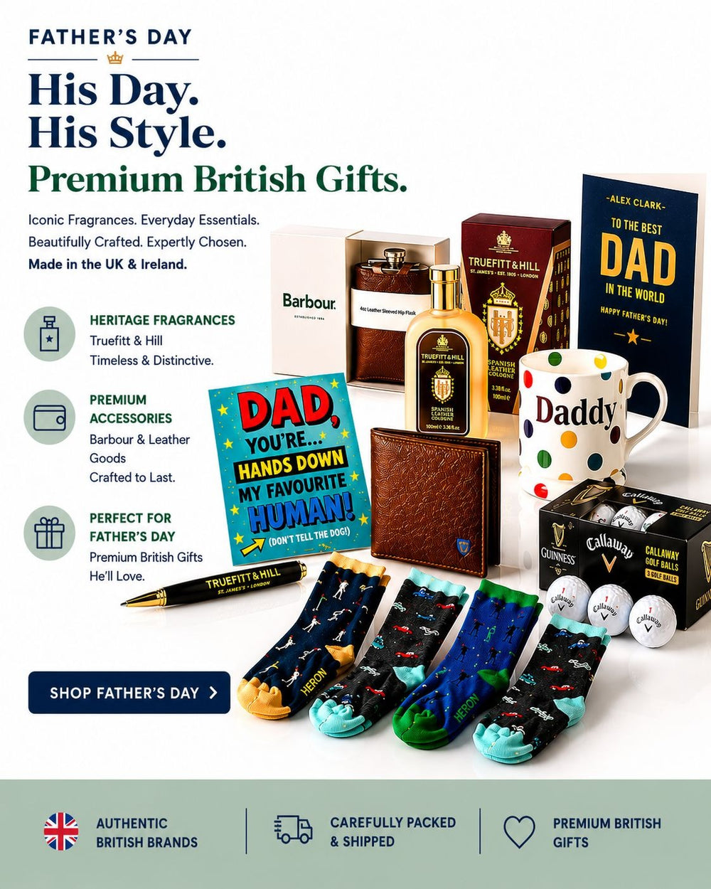 Collection of Father's Day gifts including books, socks, mugs, perfumes, wallets, hip flasks and more.