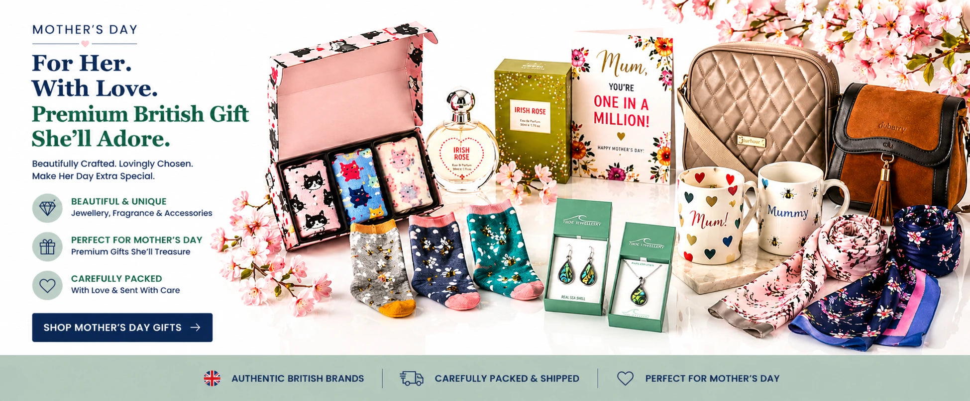 Mother’s Day British gifts - jewellery, fragrance, scarves, handbags, mugs. Authentic UK brands, thoughtful presents for Mum, packed with love.