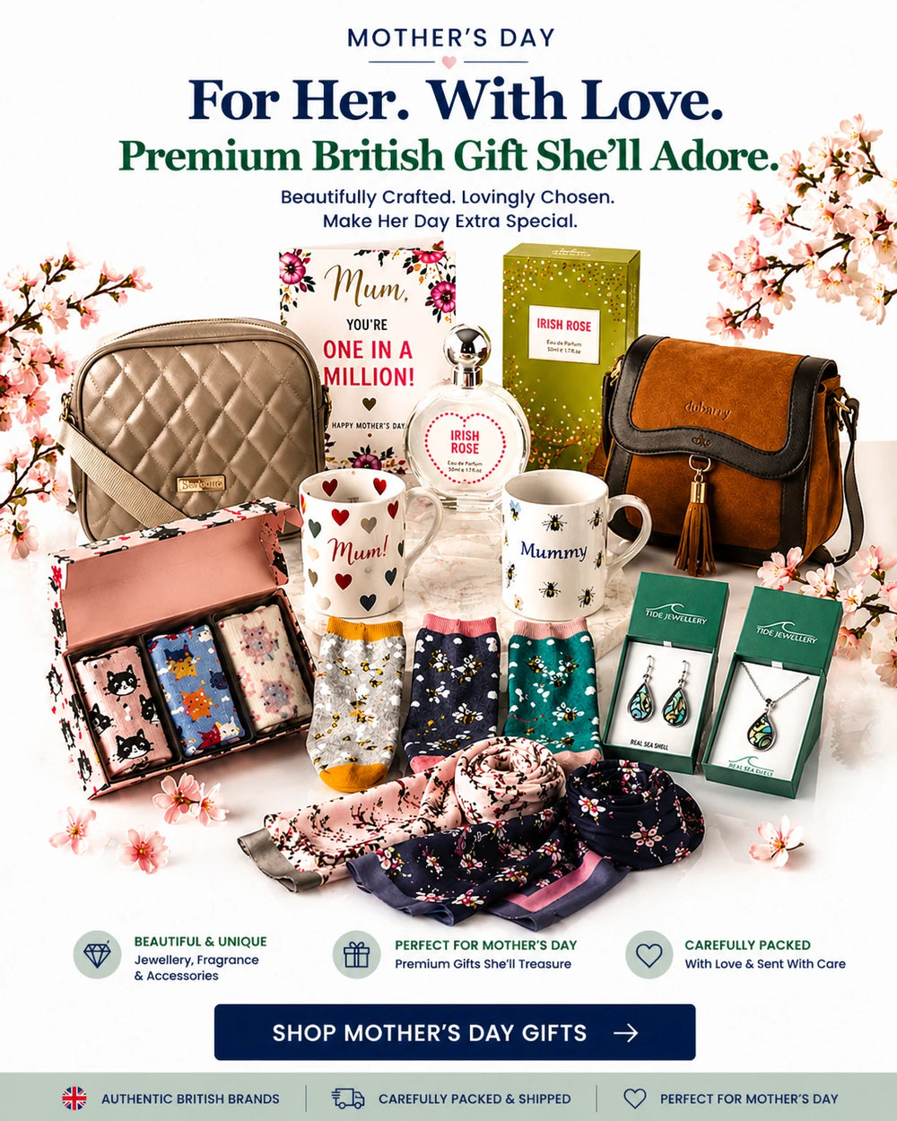 Mother’s Day British gifts - jewellery, fragrance, scarves, handbags, mugs. Authentic UK brands, thoughtful presents for Mum, packed with love.