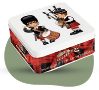 A square tin of Pure Litter Smotheries featuring a cartoon illustration of a Scottish figure bagging trash, with a red and black plaid pattern on the base, set against a white background with a green circular shape underneath.