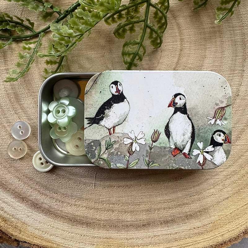 Alex Clark Puffins and Sea Campion Small Sliding Tin