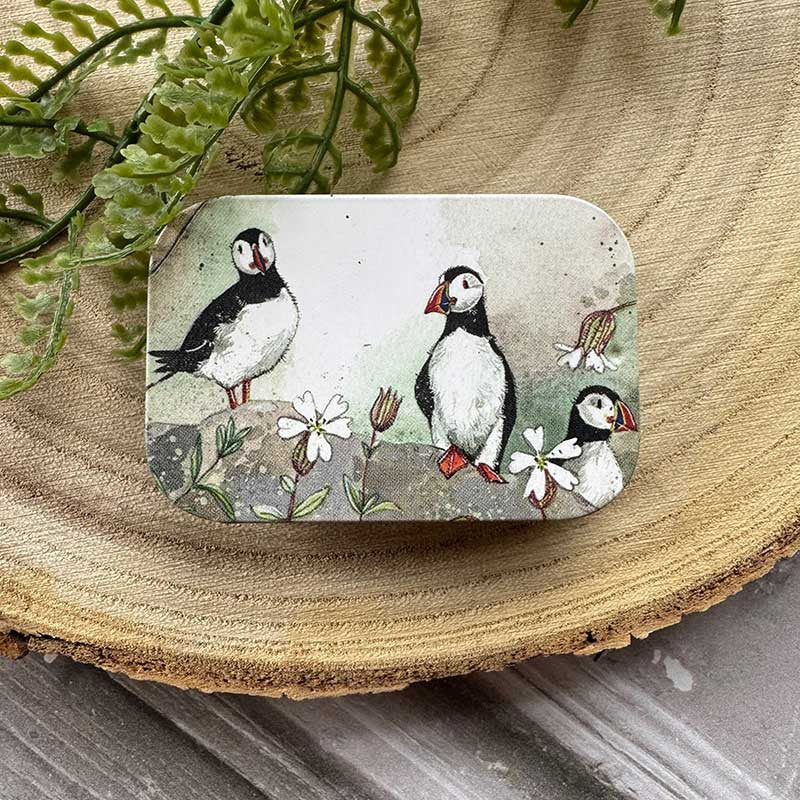 Alex Clark Puffins and Sea Campion Small Sliding Tin