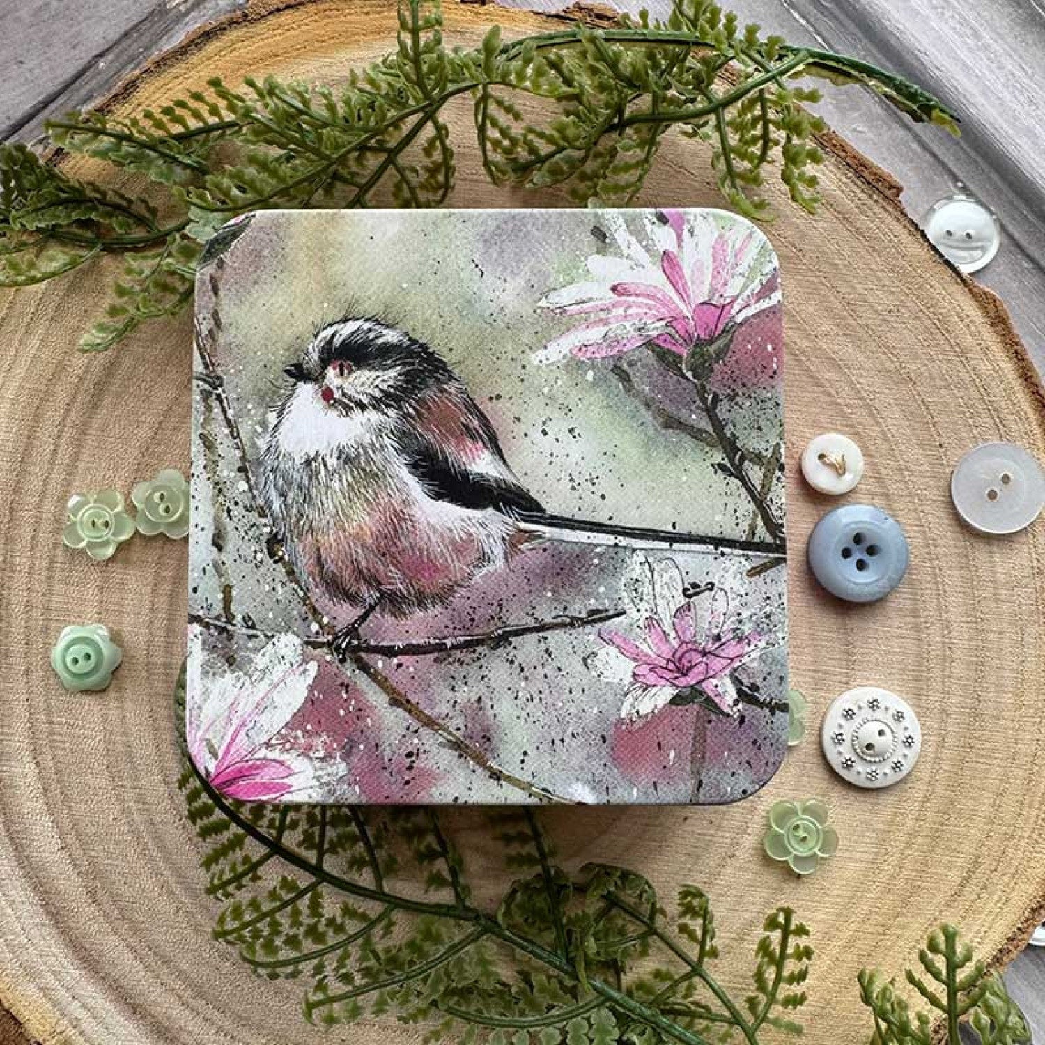 Alex Long Tailed Tit And Magnolia Square Tin