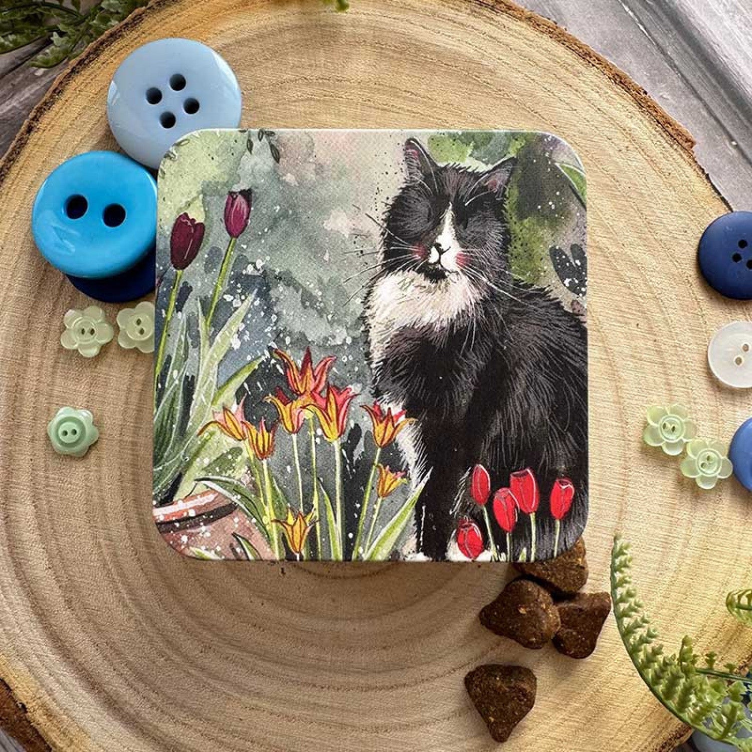 Alex Cat And Tulips Medium Square Tin