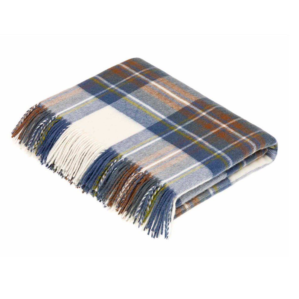 Moon Merino Lambswool Muted Blue Stewart Tartan Merino Throw Blanket