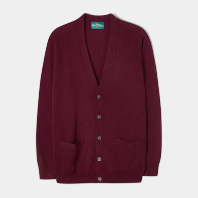 Alan Paine Cornwall Saddle Shoulder Lambswool Cardigan in Bordeaux - Classic Fit