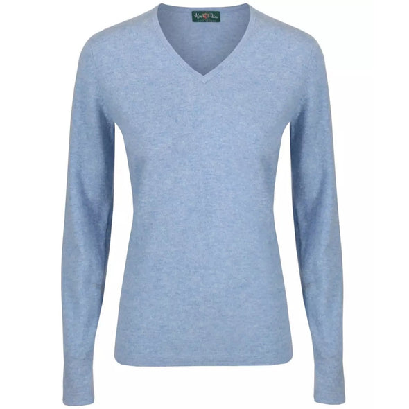Alan Paine Ladies Long Sleeve V-Neck Sweater - Carolina Blue Size US12