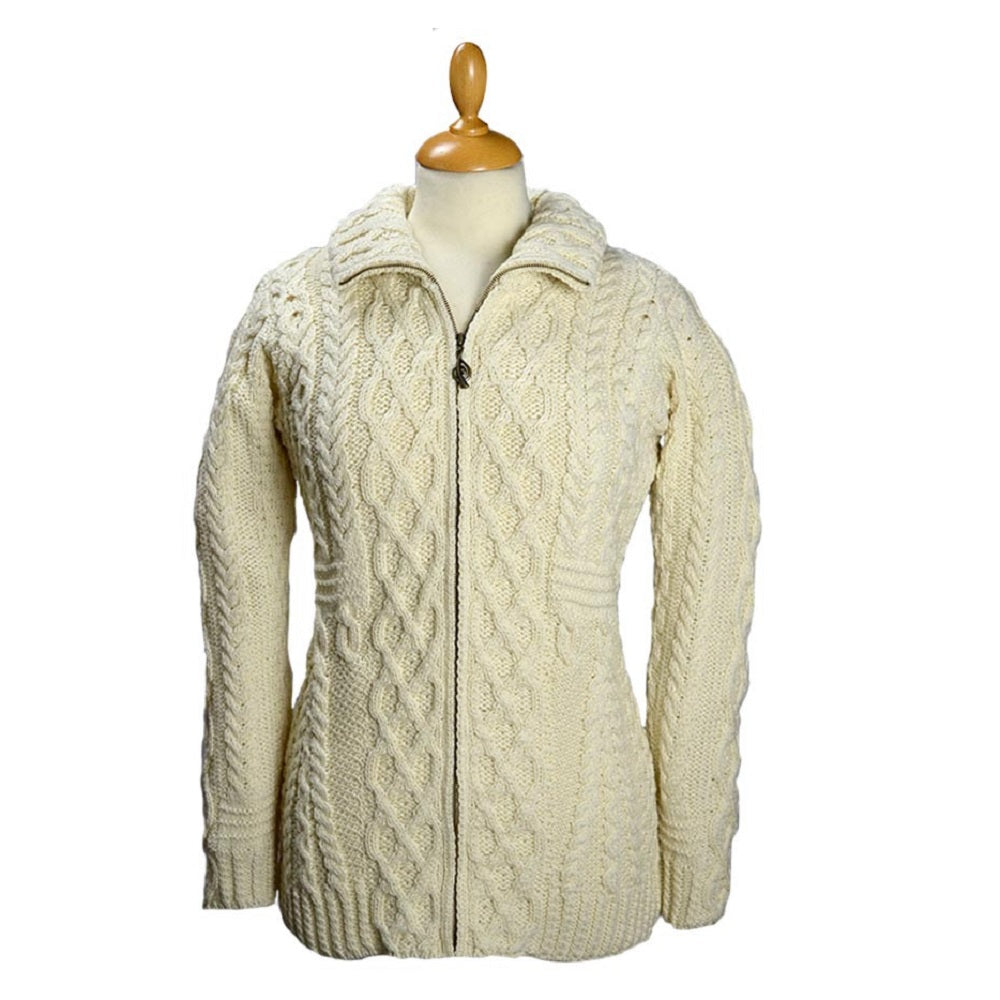 Aran Zipper Cardigan with Full Neck Merino White Sweater Size XS Cardigan product image with Aran, Merino