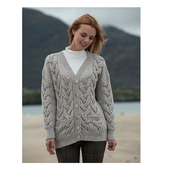 Aran Ladies Super Soft Merino Chunky V Cable Cardigan In Toast Oat Size XS