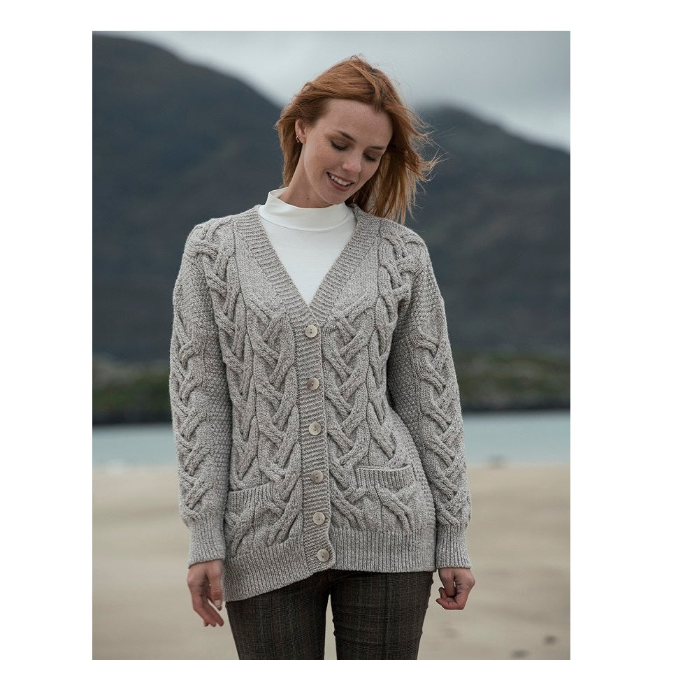 Aran Ladies Super Soft Merino Chunky V Cable Cardigan In Toast Oat Size S Cardigan product image with Aran, Merino