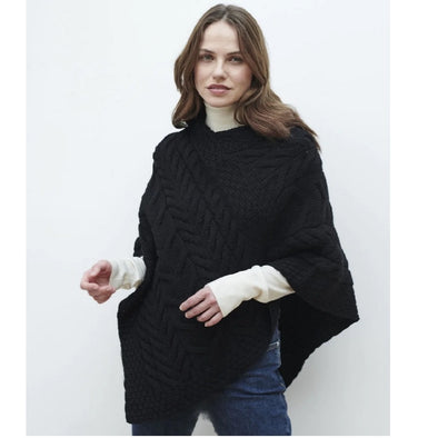 Aran Super Soft Merino Wool Triangular Poncho Ebony Black One Size
