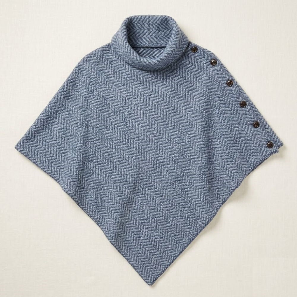 Aran Herringbone Poncho with Buttons In Blue One Size
