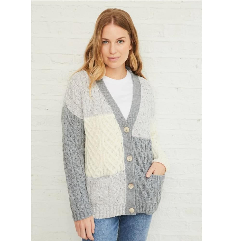 Aran Patchwork Cardigan - 3 Colour Feather Grey/Ocean Grey/Classic Aran Cardigan product image with Aran, Classic
