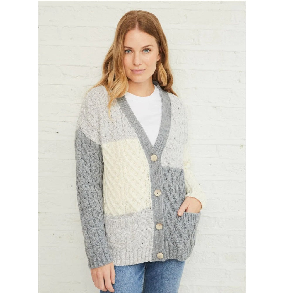 Aran Patchwork Cardigan - 3 Colour Feather Grey/Ocean Grey/Classic Aran Size L