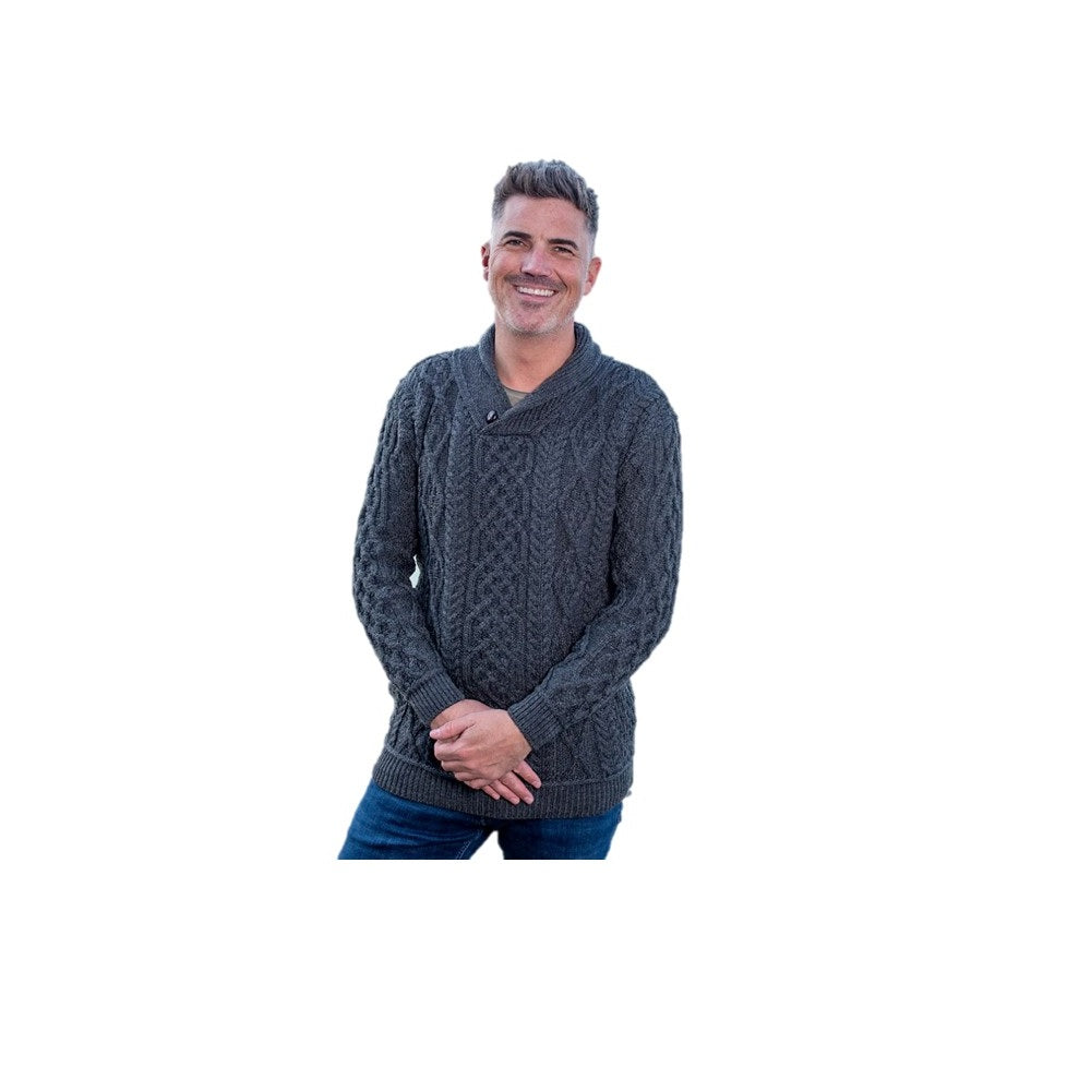 Aran Super Soft Merino Mens Shawl Collar Sweater Slate Grey Size XXL