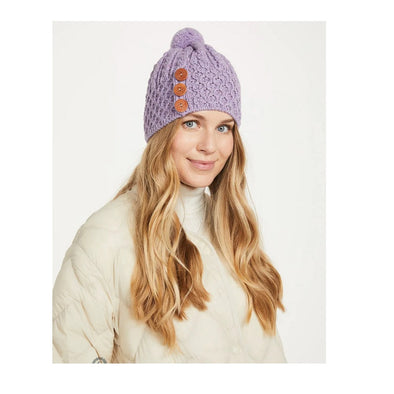 Aran 3 Button Merino Hat Lavender One Size