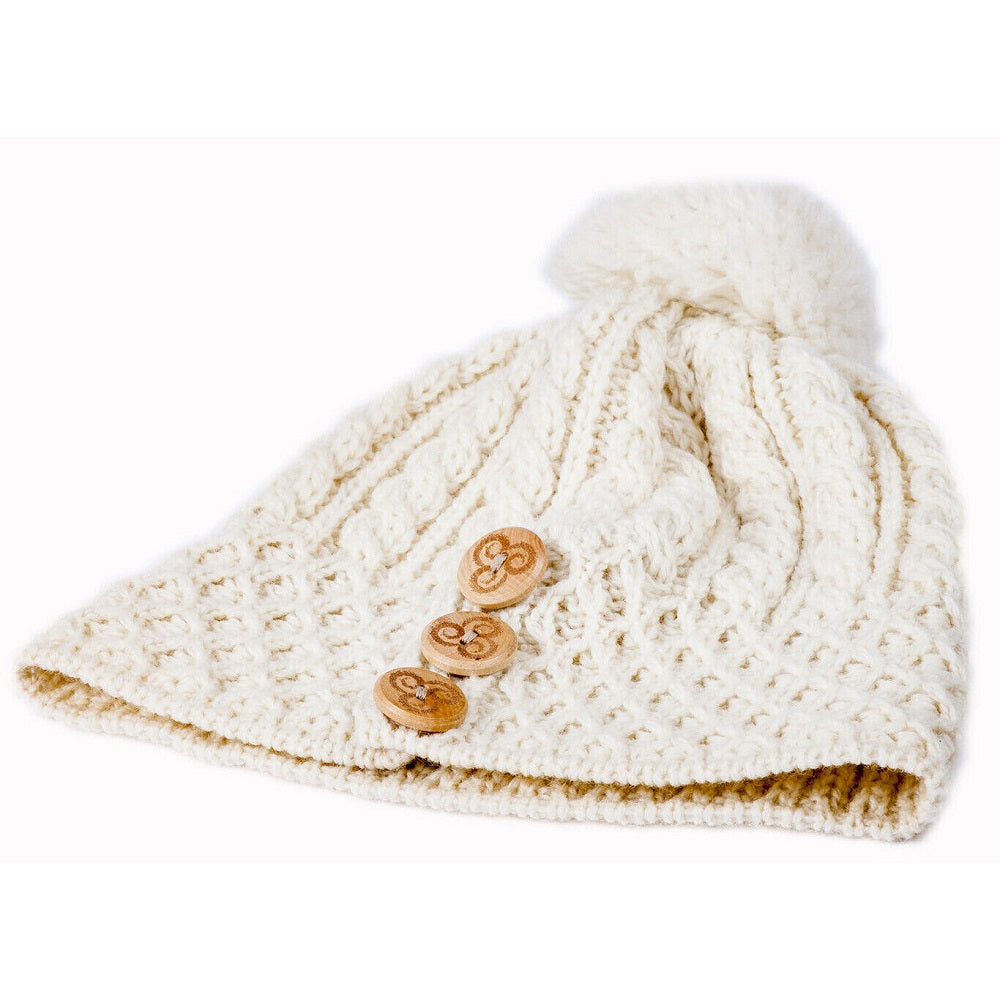 Aran 3 Button Merino Hat White One Size