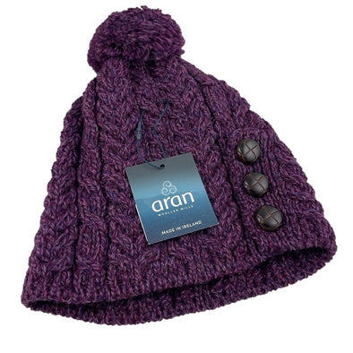 Aran Button Merino Hat Pom Pom Purple Haze One Size