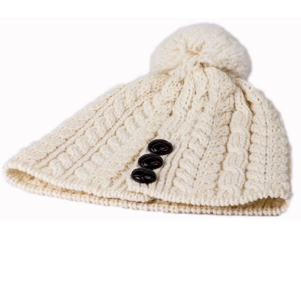 Aran Button Merino Hat Pom Pom Merino White One Size