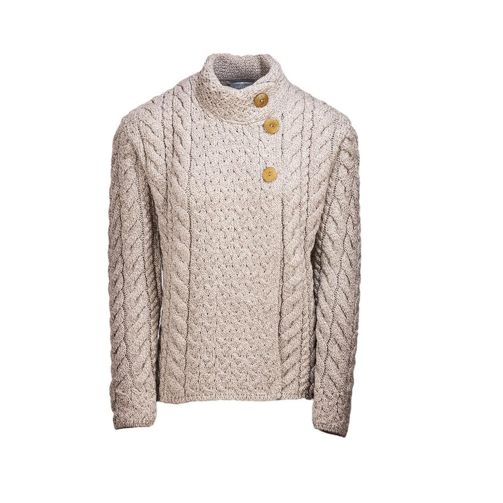 Aran Super Soft Merino Asymmetrical Multi Cable Cardigan ToastOat Size L