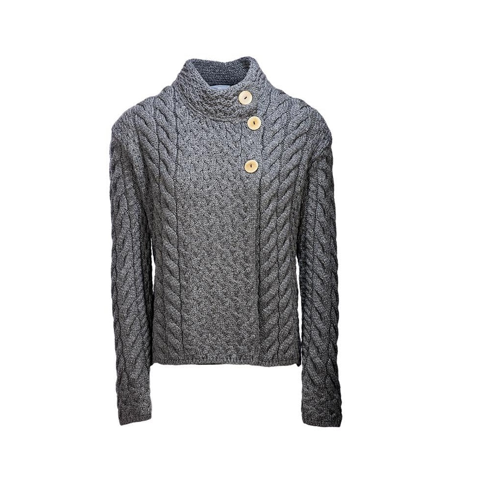 Aran Super Soft Merino Asymmetrical Multi Cable Cardigan SlateGrey Size S