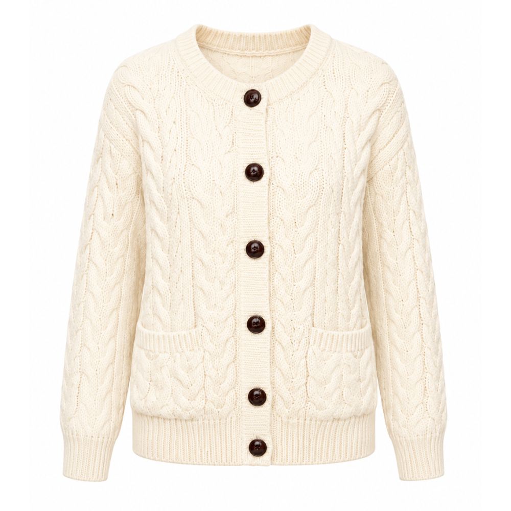 Aran Women's Cable and Weave Lumber Crew Cardigan In Classic Aran
