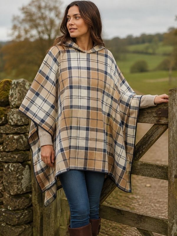 Barbour Portree Tartan Showerproof Poncho In Hessian/Navy Tartan One Size Poncho product image with Barbour, Tartan
