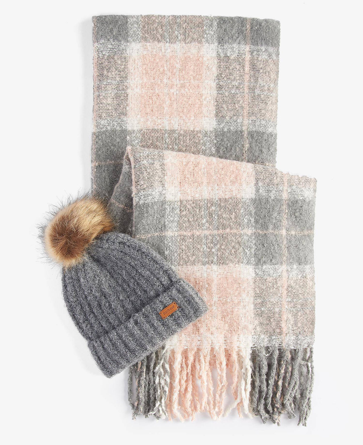 Barbour Saltburn Beanie & Tartan Scarf Gift Set in Grey Rose One Size