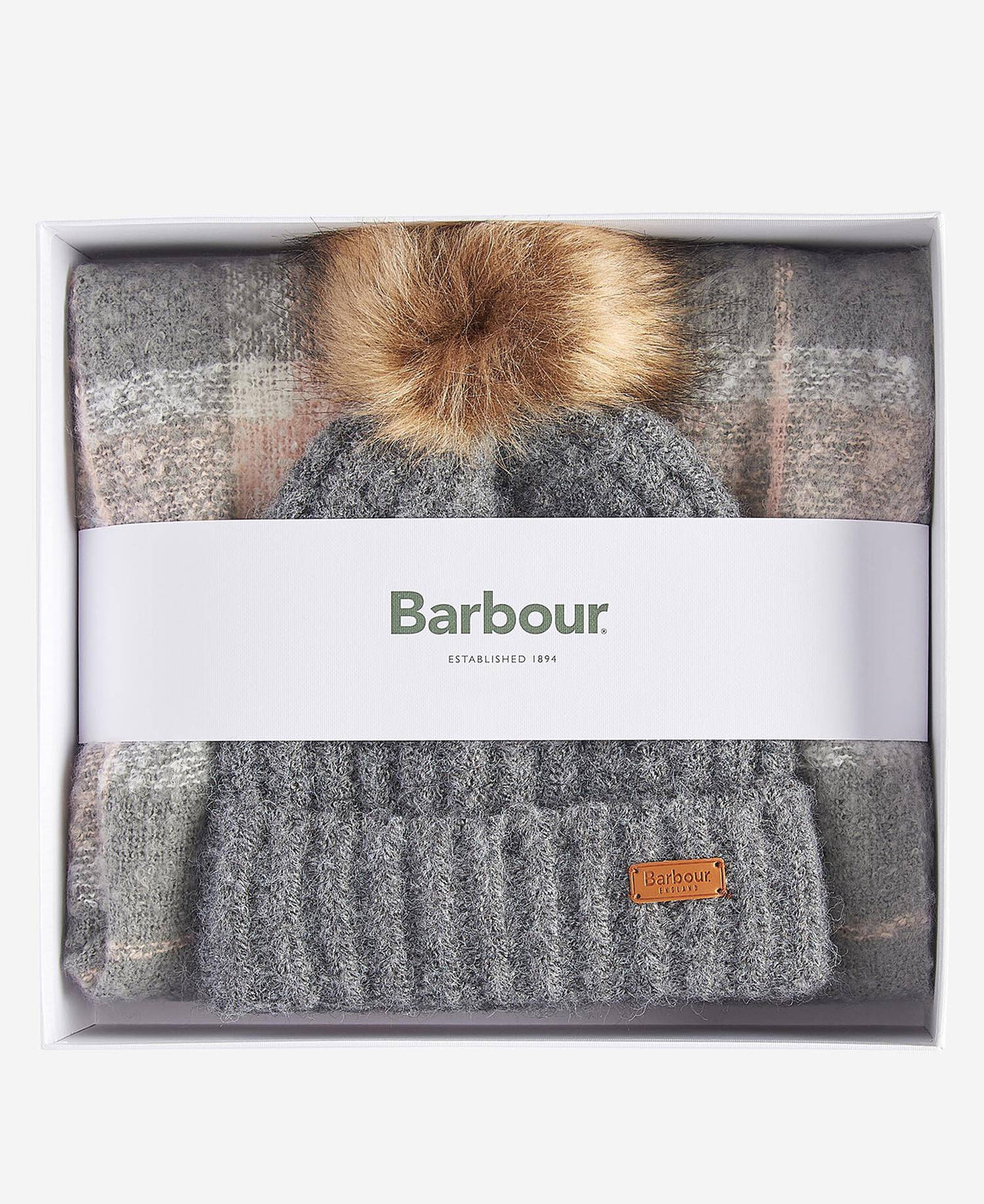 Barbour Saltburn Beanie & Tartan Scarf Gift Set in Grey Rose One Size Scarf product image with Barbour, Tartan, Gift