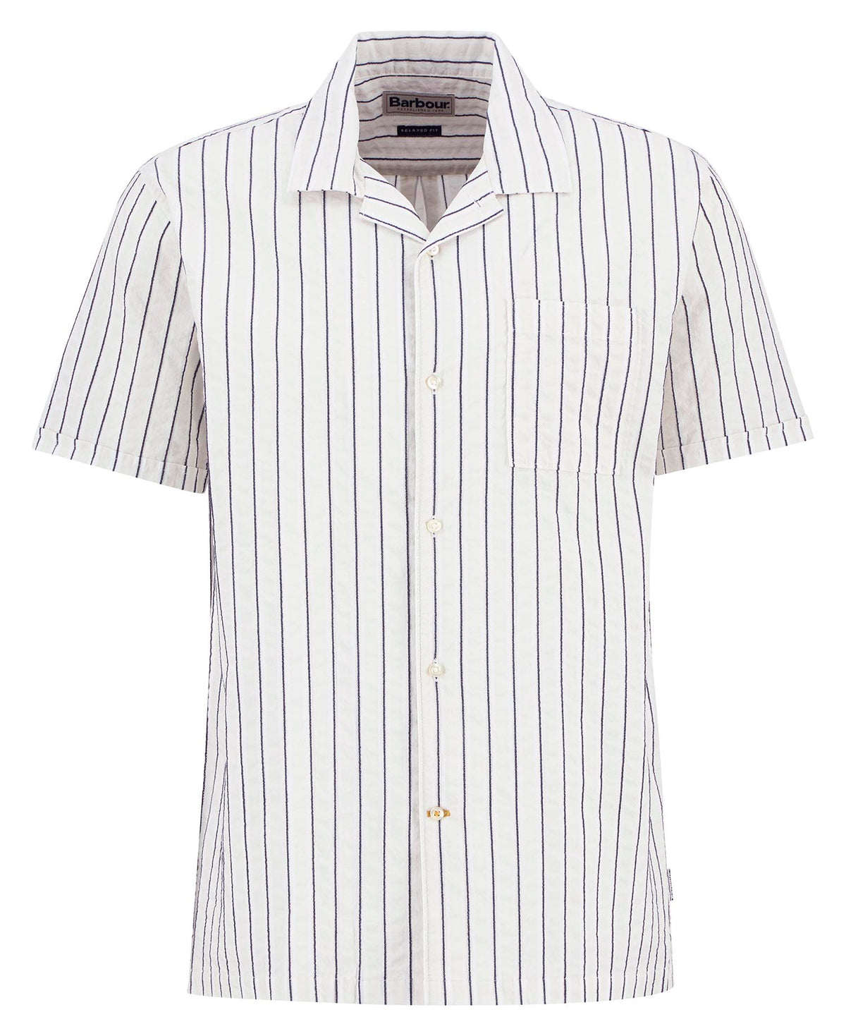 Barbour Park Seersucker Striped Short-Sleeved Shirt in Whisper White product image with Barbour