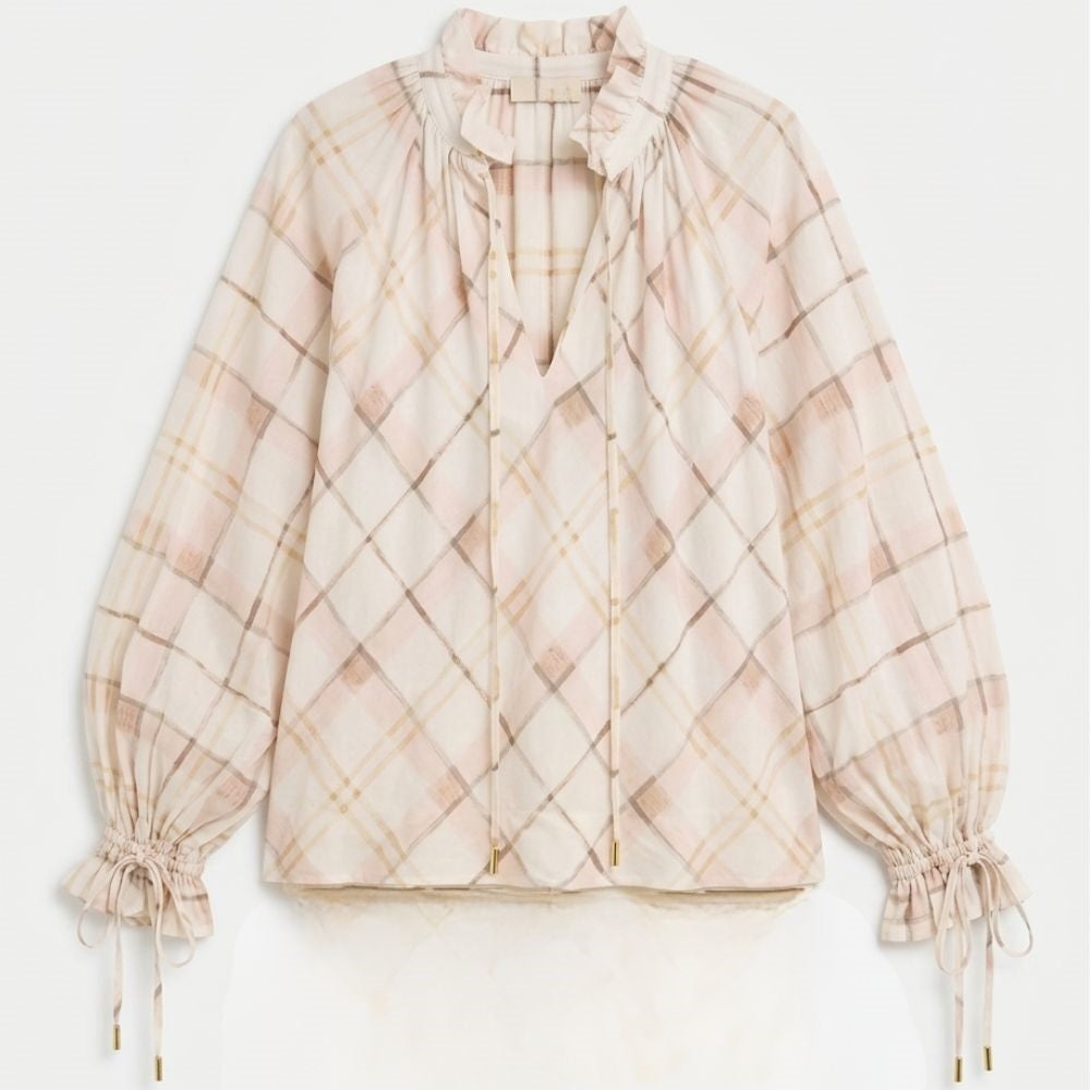 Barbour Asker Check Ruffled Blouse in Silver Peony Painted Check