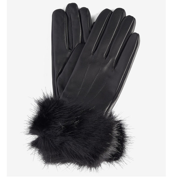 Barbour Faux Fur Trimmed Leather Gloves Black