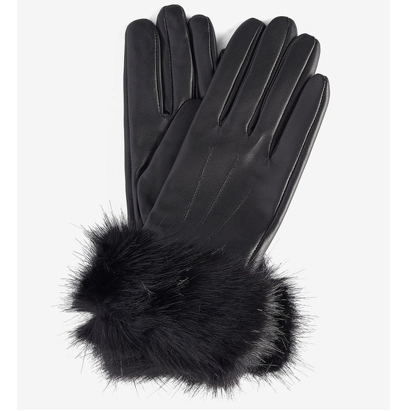 Barbour Faux Fur Trimmed Leather Gloves Black Size M