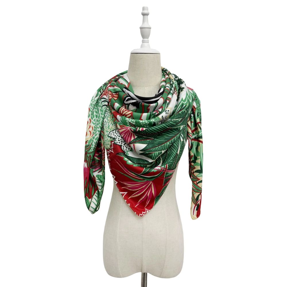 Floral Zebra Print Square Scarf White/Green