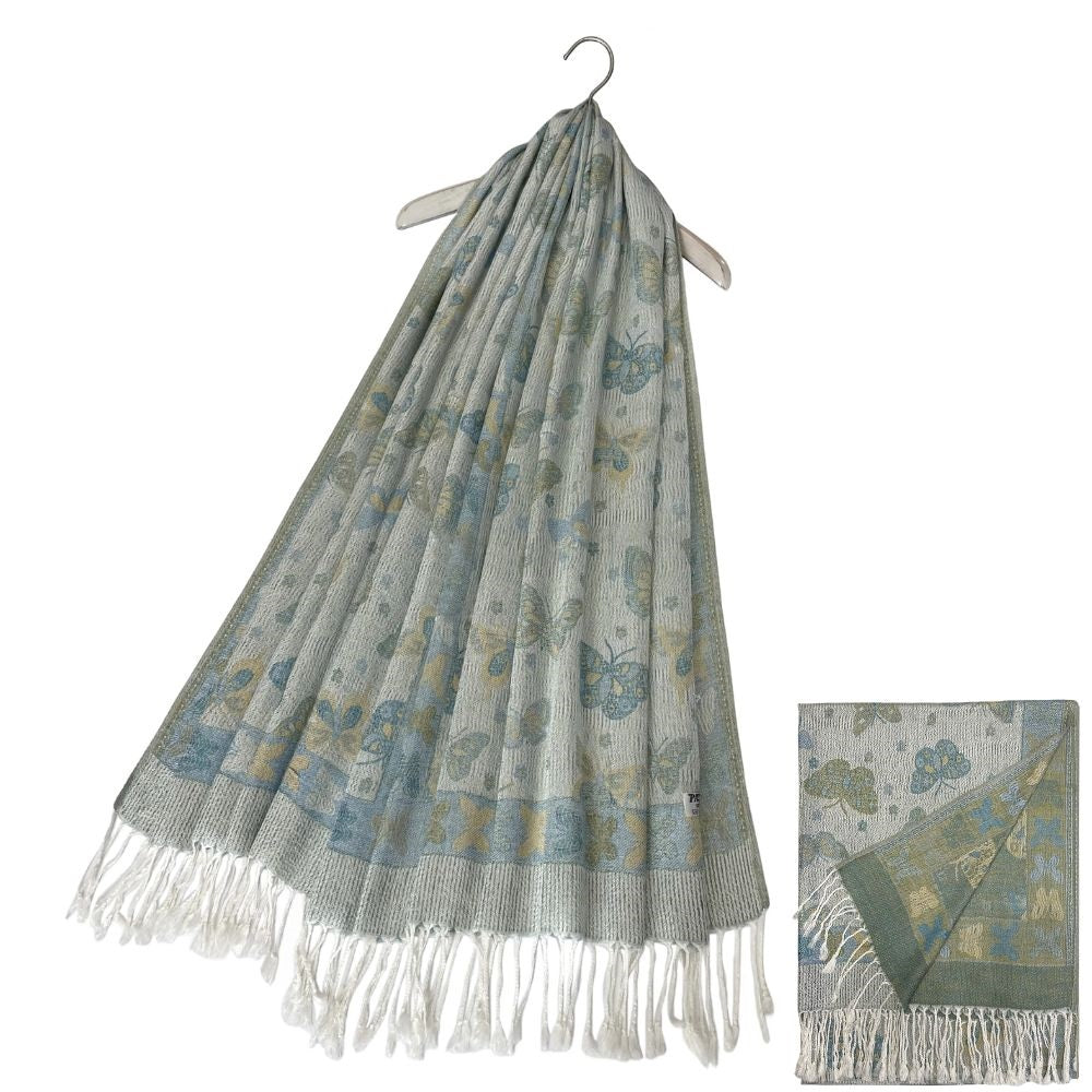 Butterfly And Flower Print Pashmina Tassel Scarf Sage Green