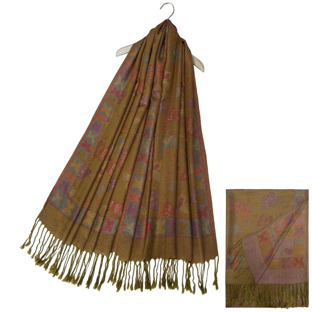 Butterfly And Flower Print Pashmina Tassel Scarf Olive