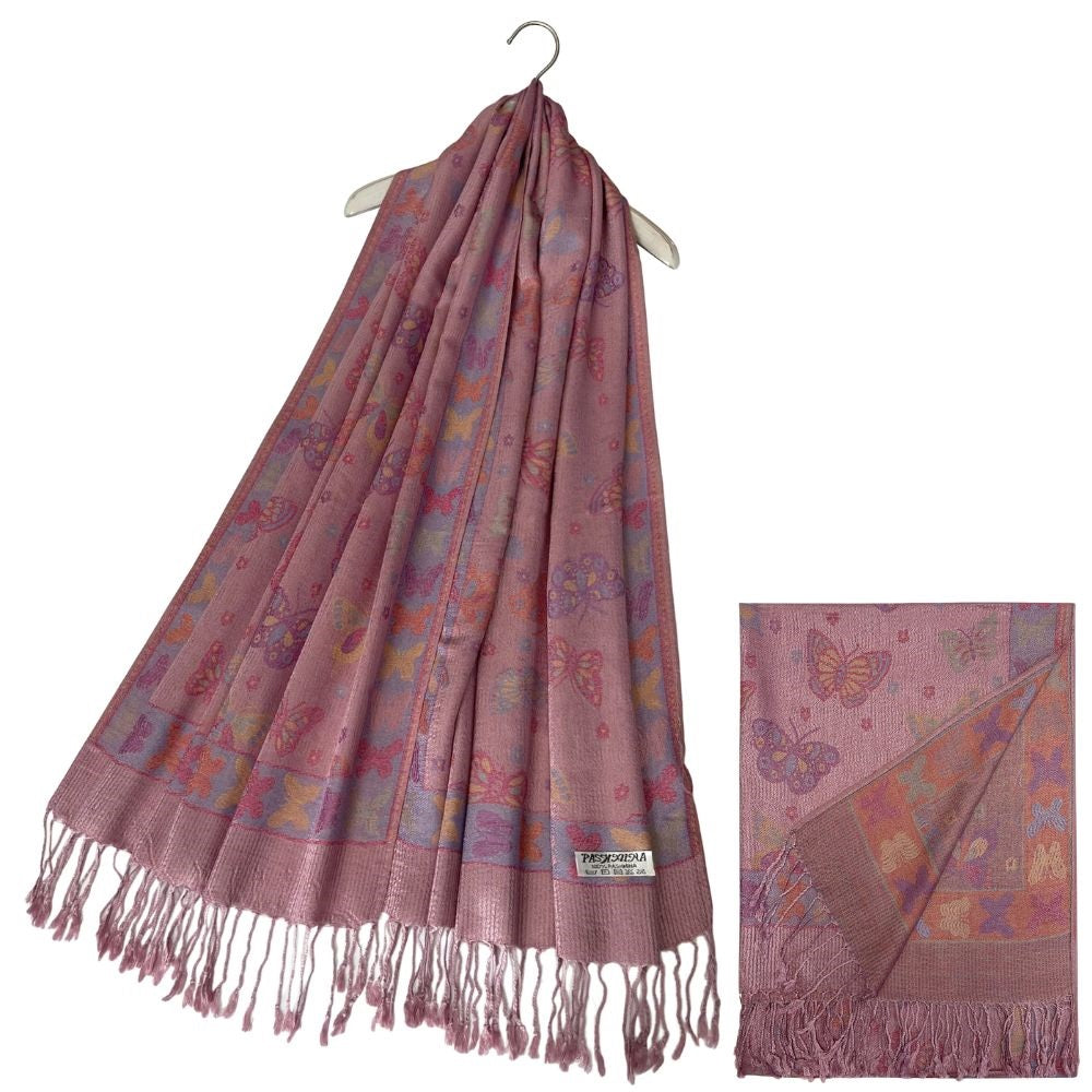 Butterfly And Flower Print Pashmina Tassel Scarf Pink