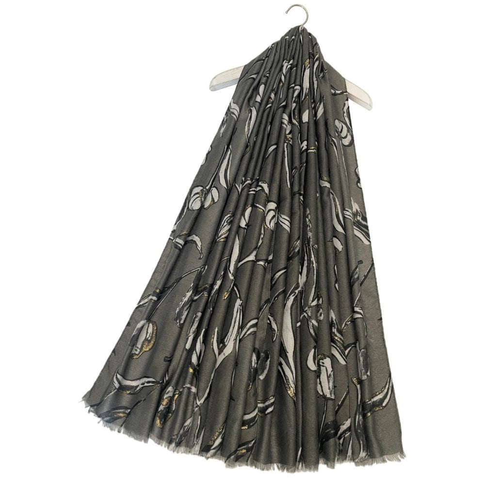 Tulip Floral Print Foiled Frayed Scarf Grey