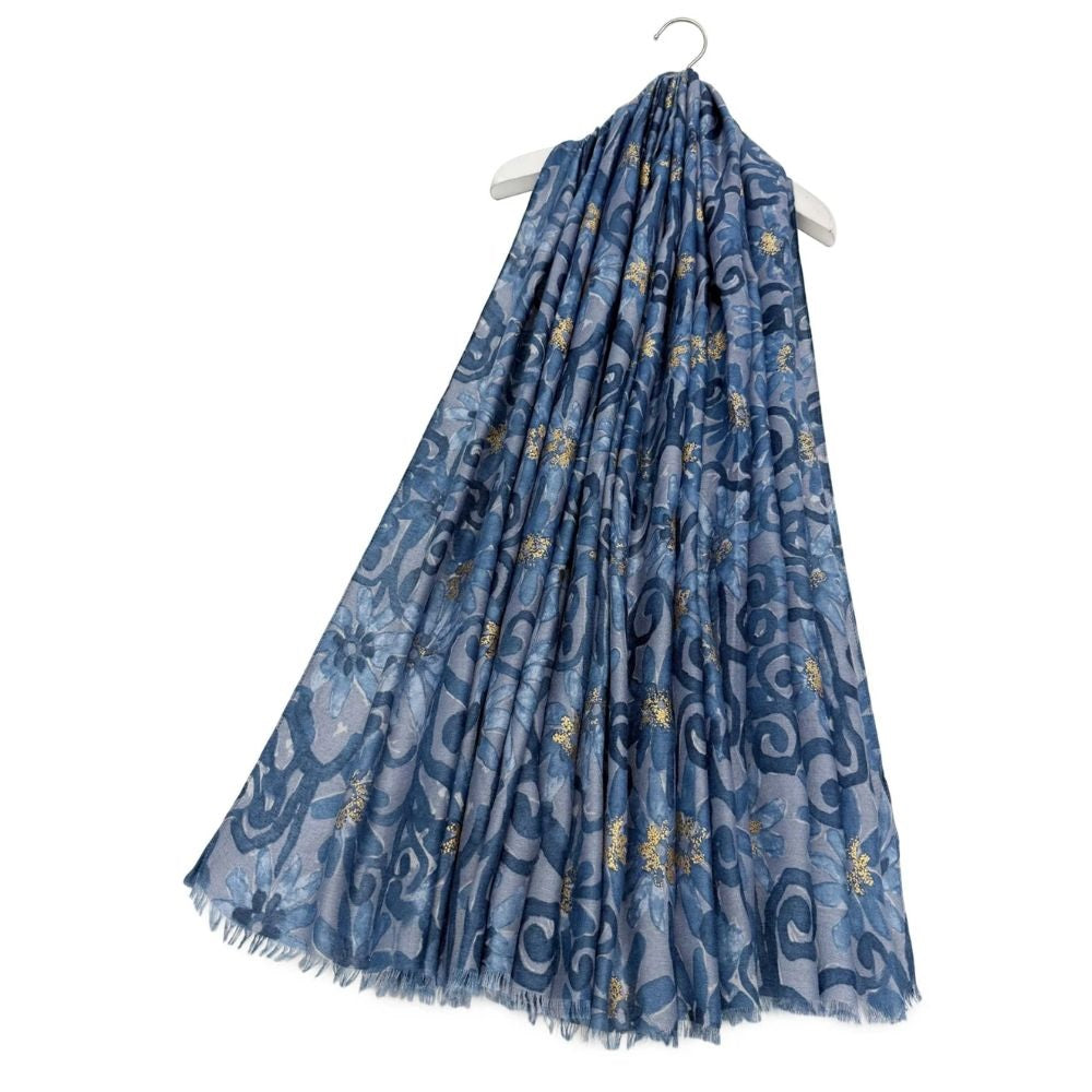 Decorative Gold Foil Floral Print Frayed Scarf Blue