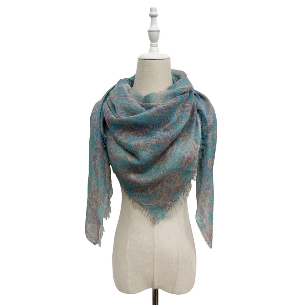 Paisley Linen Square Frayed Scarf Mint Green