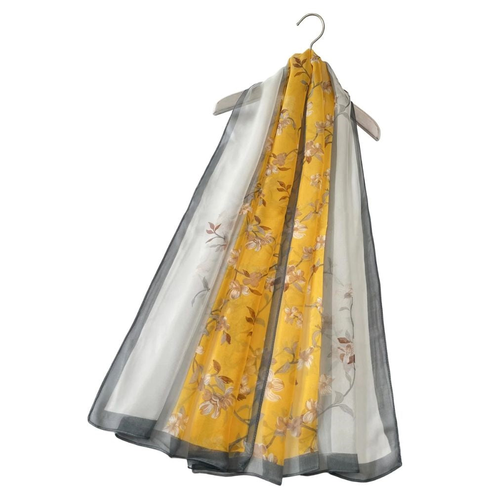 Two Tone Elegant Floral Print Chiffon Scarf Mustard